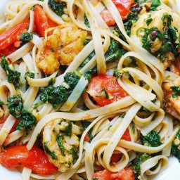 Tomato, Shrimp, Spinach and Basil Pasta in a Garlic butter